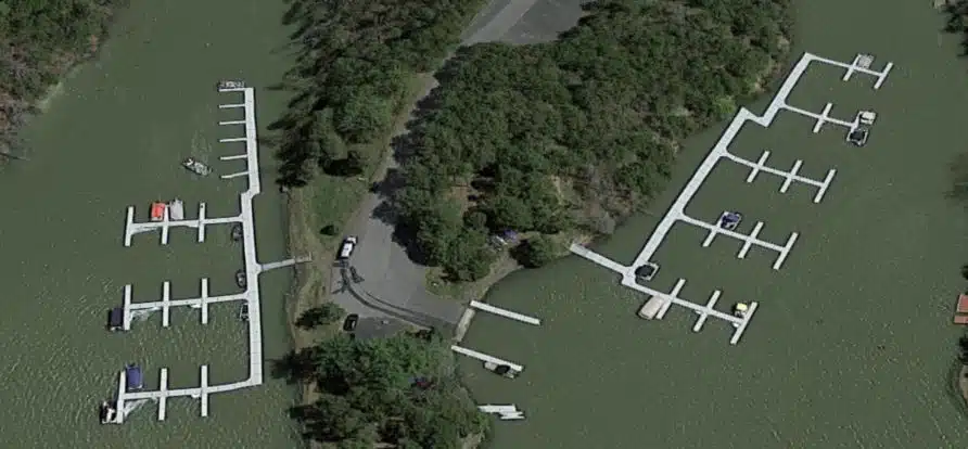 Aerial view showing the slip arrangement and shoreline connections at Sleepy Hollow Lake marina