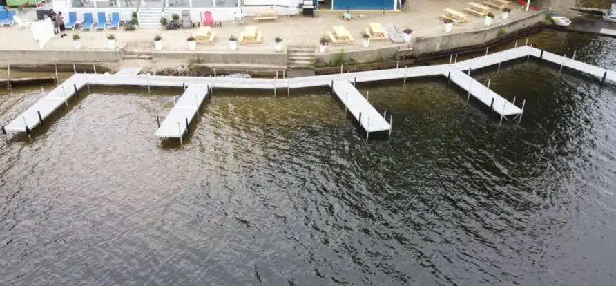 Ten-slip stationary aluminum dock with finger slips at Beach Club and Grill.