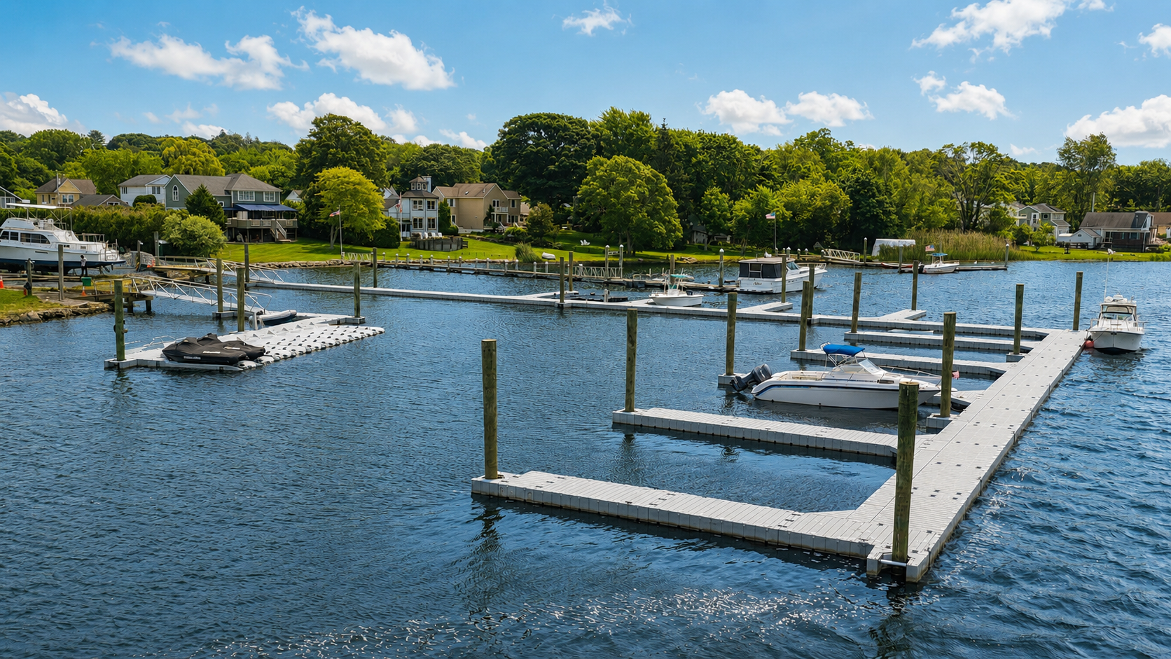 Floating docks and boat slips at Breezy Point Marina in Warwick, Rhode Island