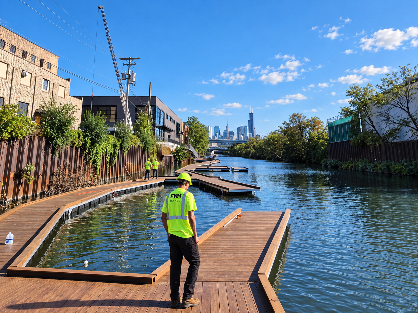 Workers on a commercial floating dock along an urban waterfront